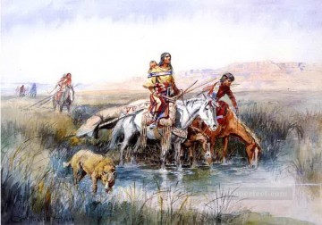 アメリカインディアン Painting - キャンプを移動するインディアンの女性 1909年 チャールズ・マリオン・ラッセル アメリカ・インディアン